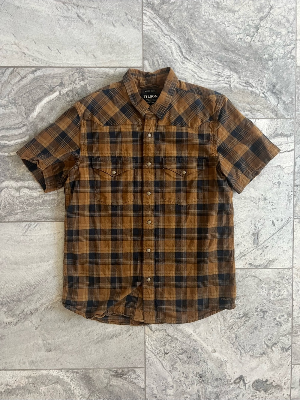 Filson Brown and Black Plaid Short-Sleeve Button-Down Shirt Western Trim Fit
